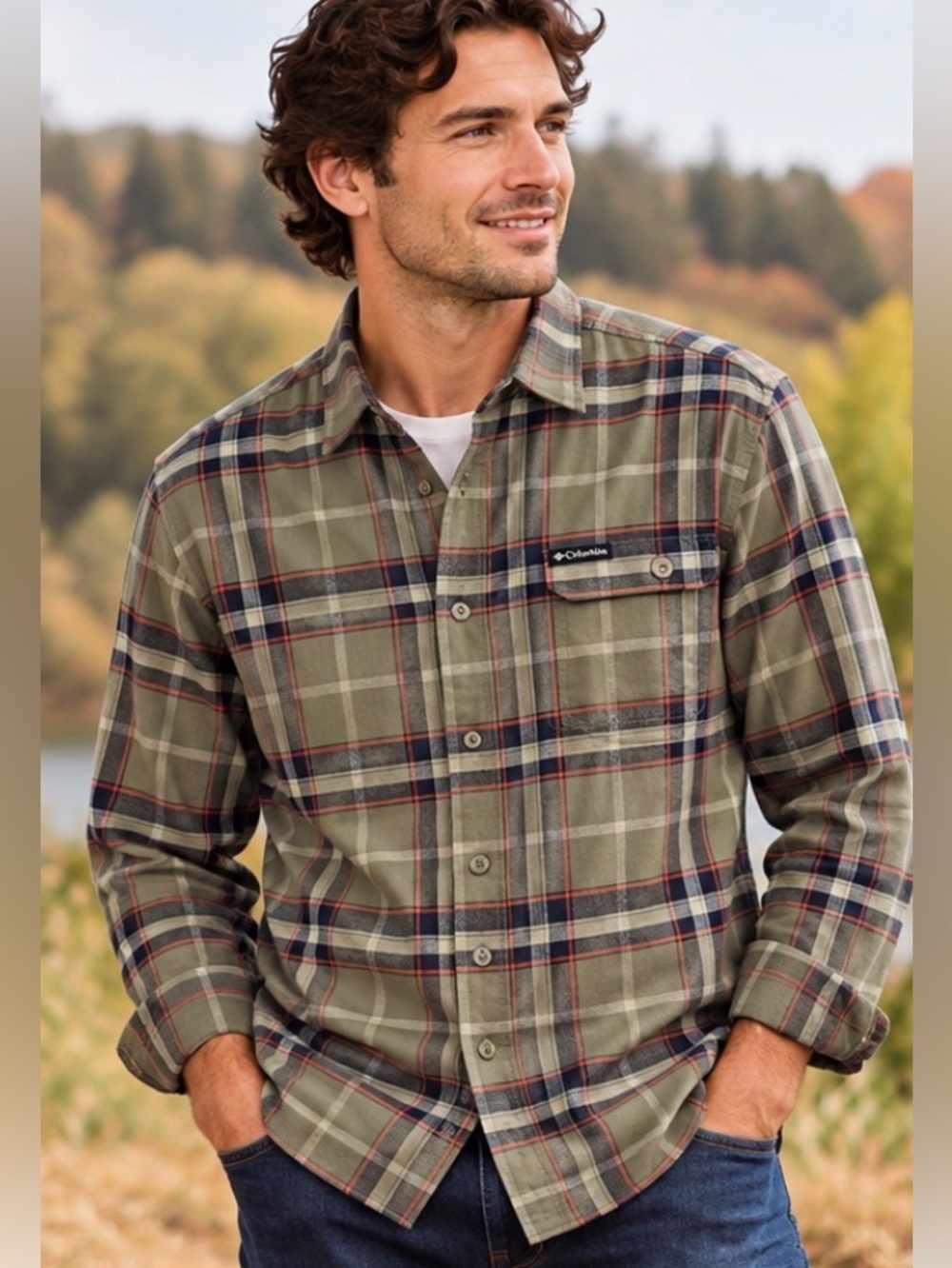 Columbia Red Rapids Plaid Shirt Men M NWT Olive Navy Outdoor Gorpcore